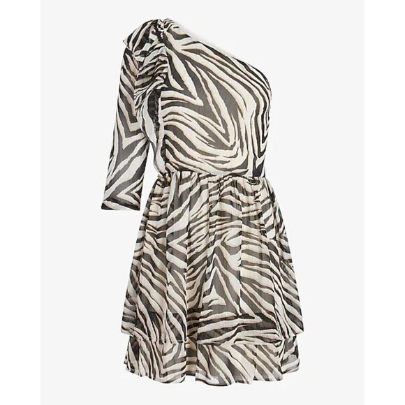 Express Rachel Zoe Collaboration Zebra Print One Shoulder Ruffle Mini Dress XS - Picture 3 of 6